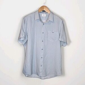 7 Diamonds 4 Way Stretch Men Short Sleeve Button Shirt Geometric Blue Gray Sz XL